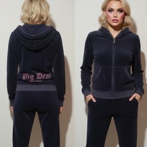 True Y2K Juicy Couture Jacket Medium Terry Cloth Big Deal Logo On Back Navy Blue